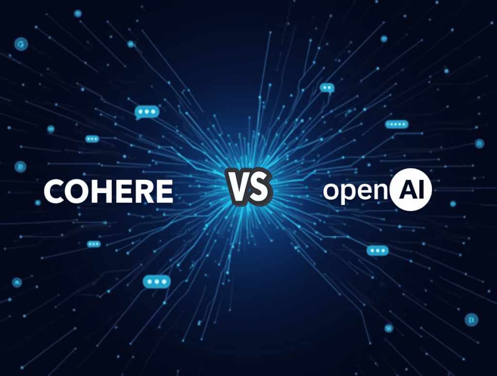 Cohere and OpenAI logos with neural network graphics and futuristic AI icons between them.

