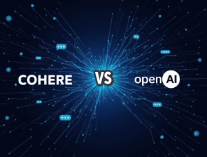 Cohere and OpenAI logos with neural network graphics and futuristic AI icons between them.