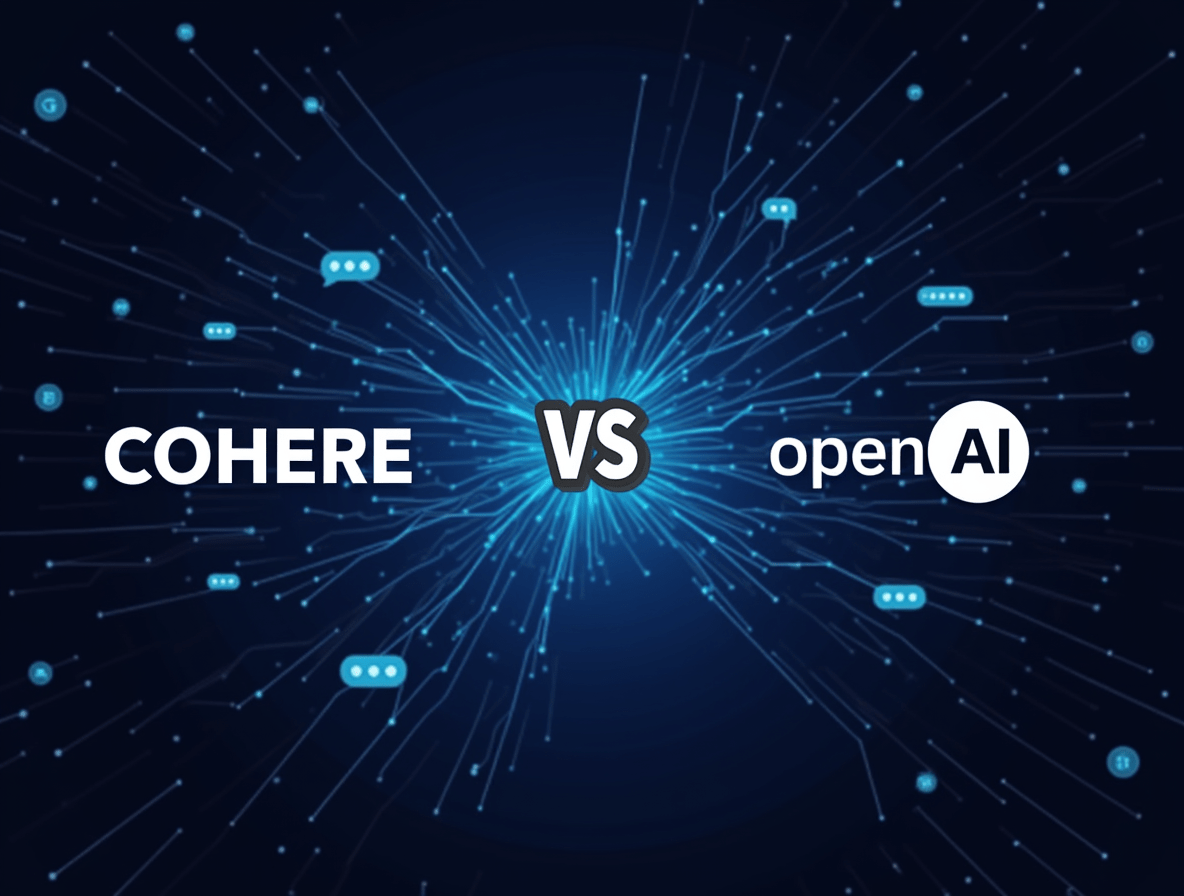 Cohere and OpenAI logos with neural network graphics and futuristic AI icons between them.