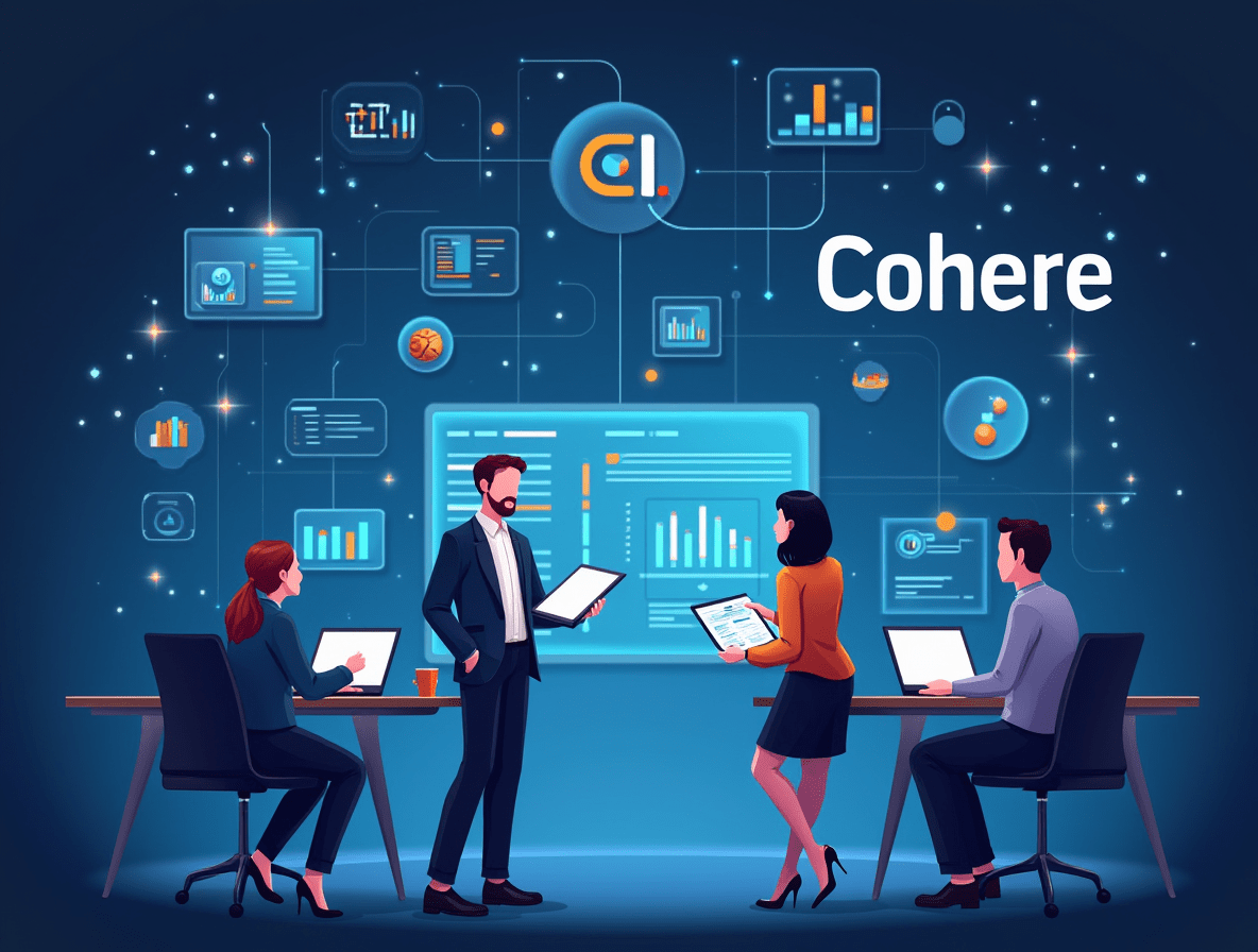 Team of professionals using AI tools with floating data visualizations and Cohere branding.