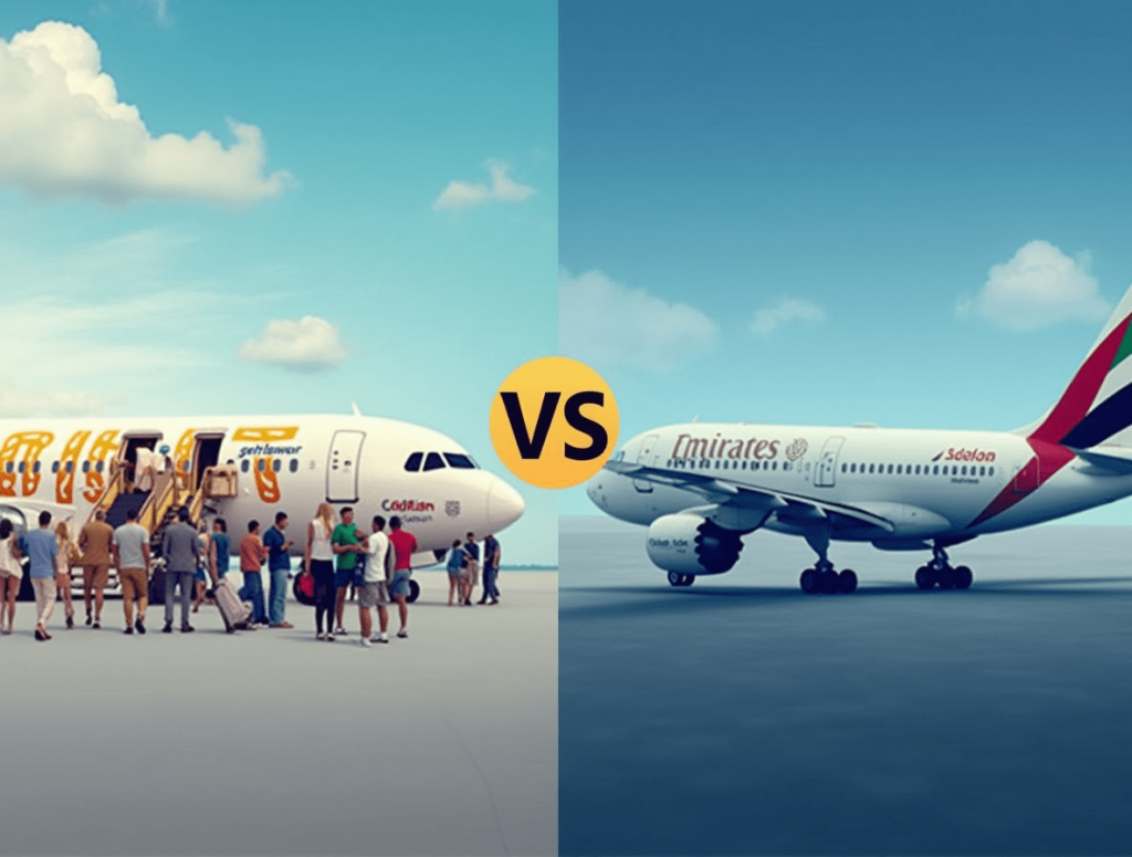 A side-by-side comparison of budget airlines boarding and full-service airline comfort amenities.

