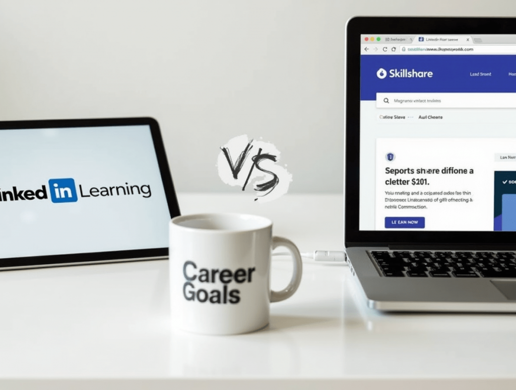 Desk with LinkedIn Learning on a tablet and Skillshare on a laptop, plus a “Career Goals” coffee mug.


