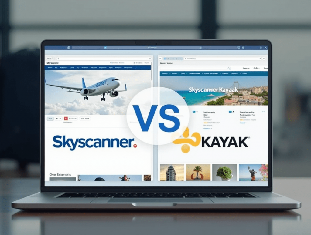 Laptop displaying Skyscanner and Kayak flight search engines side by side with a VS symbol.