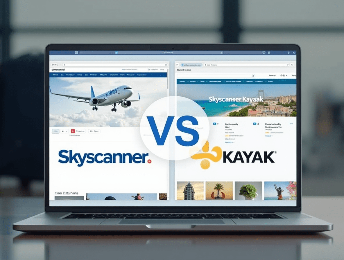 Laptop displaying Skyscanner and Kayak flight search engines side by side with a VS symbol.