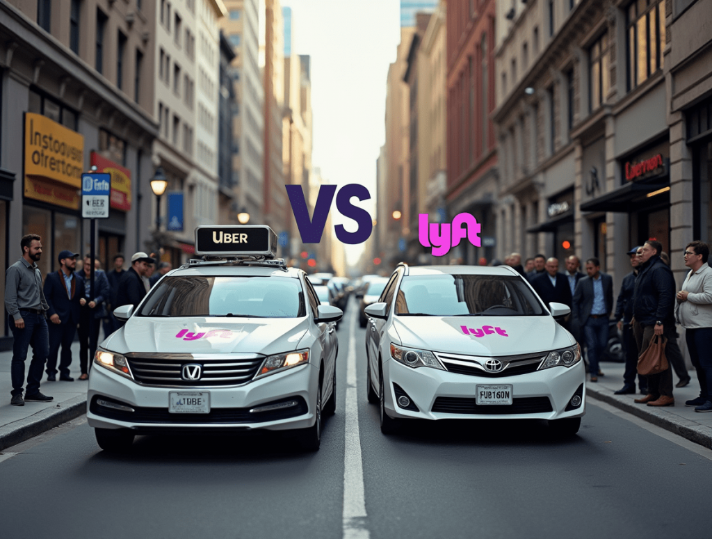 Uber and Lyft cars side by side on a city street, each with logos visible and a “VS” graphic above.