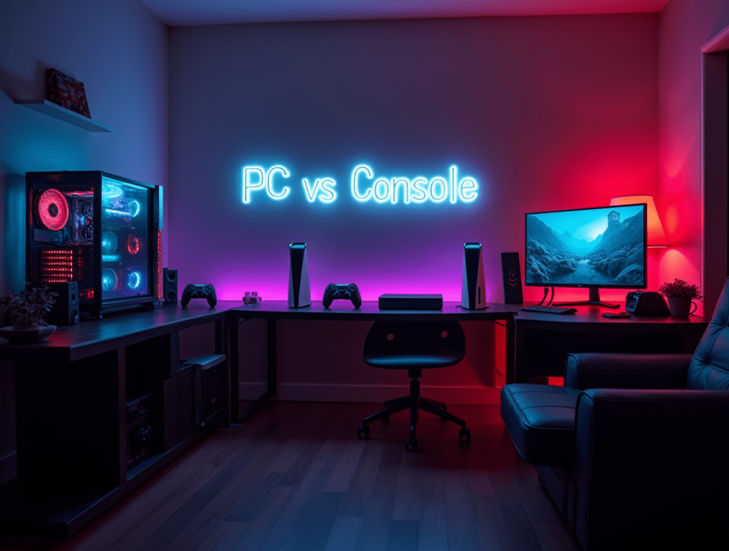 Side-by-side view of a gaming PC setup and a console gaming setup, showing a “PC vs Console” battle.