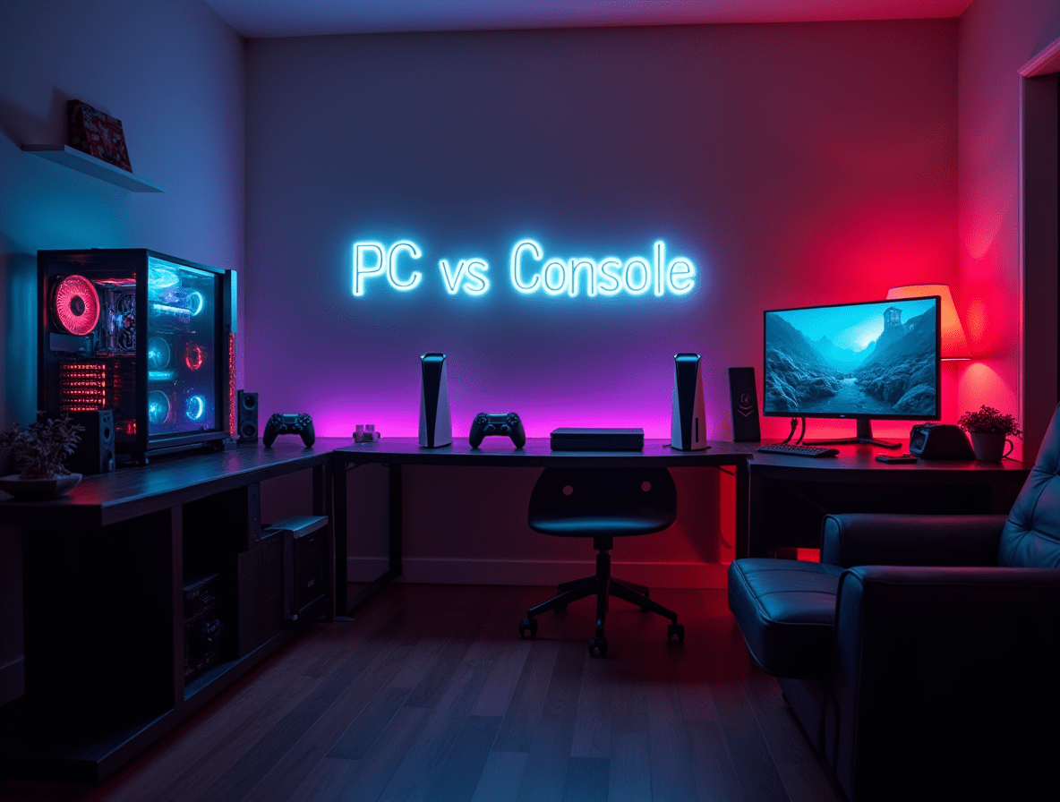 Side-by-side view of a gaming PC setup and a console gaming setup, showing a “PC vs Console” battle.