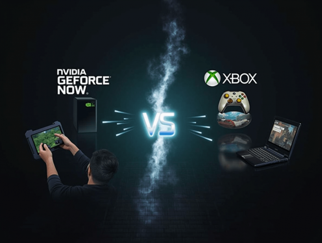 Gamer using a tablet split-screen between NVIDIA GeForce Now and Xbox Cloud Gaming interfaces with controller in hand.