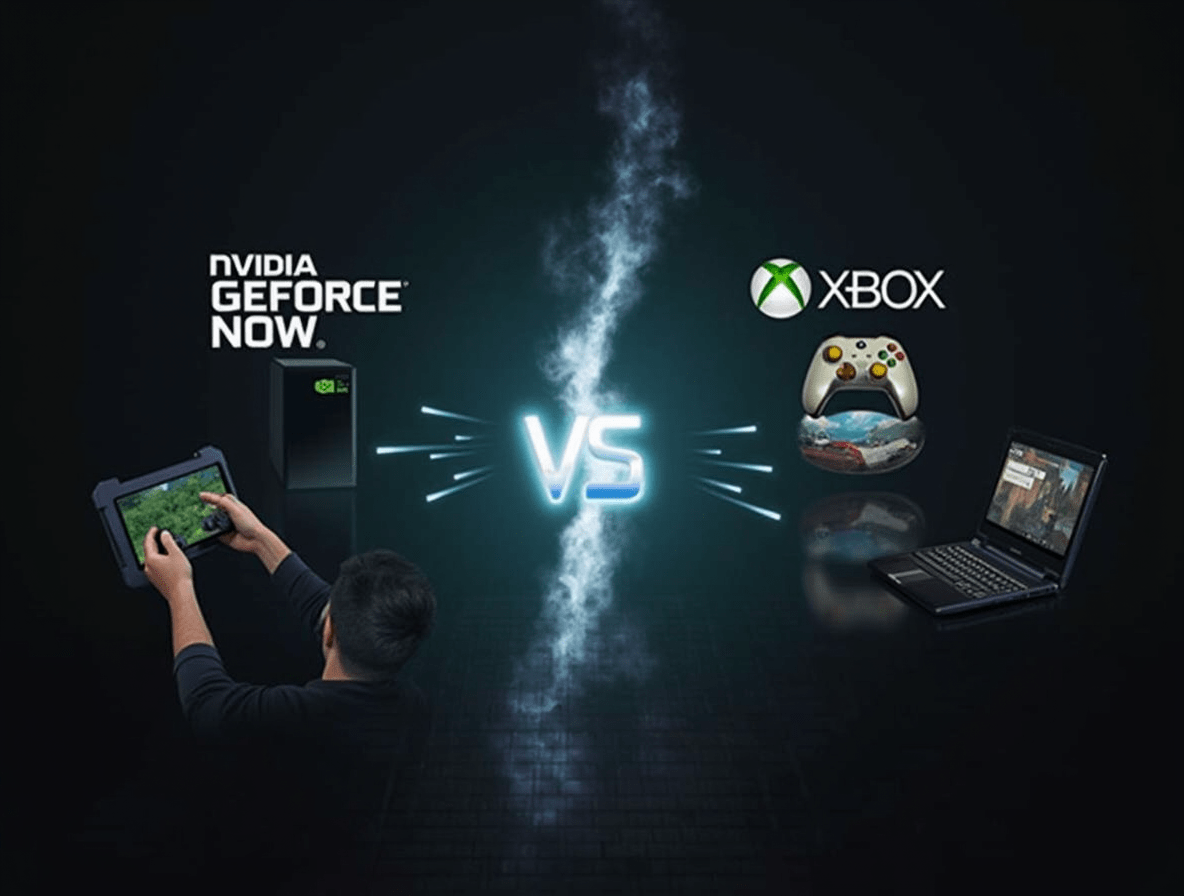 Gamer using a tablet split-screen between NVIDIA GeForce Now and Xbox Cloud Gaming interfaces with controller in hand.