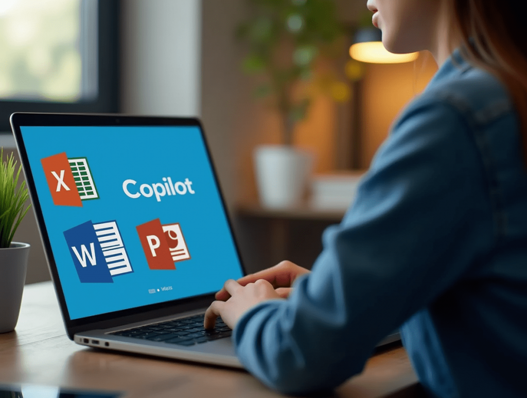 A professional using Microsoft Copilot in Word and Excel on a laptop in an office setting.