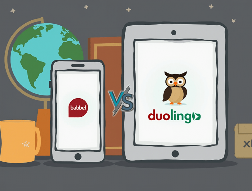 Smartphone with Duolingo and tablet with Babbel apps open, placed on a desk with a notebook and globe.

