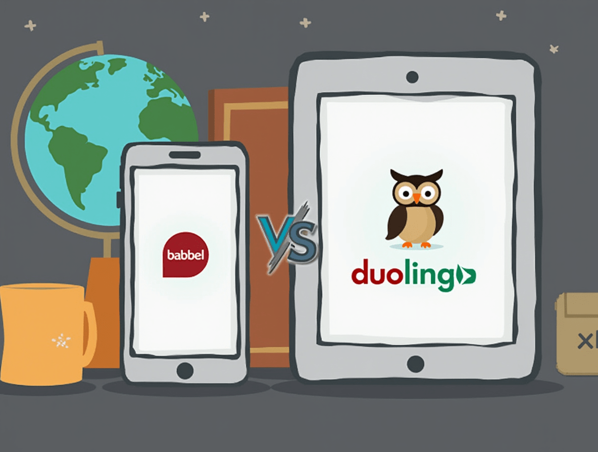 Smartphone with Duolingo and tablet with Babbel apps open, placed on a desk with a notebook and globe.