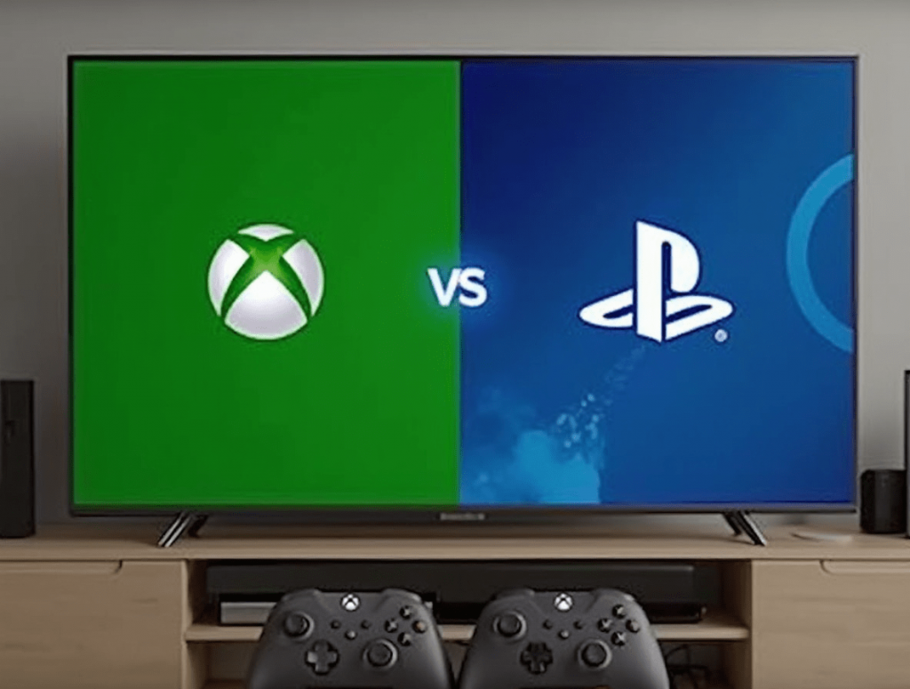 Xbox and PlayStation controllers in front of a screen showing Game Pass and PlayStation Now logos for a subscription comparison.

