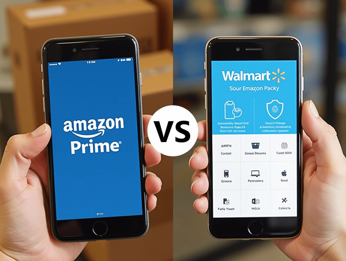 Smartphones displaying Amazon Prime and Walmart+ side by side with shopping elements and a VS symbol in the middle.