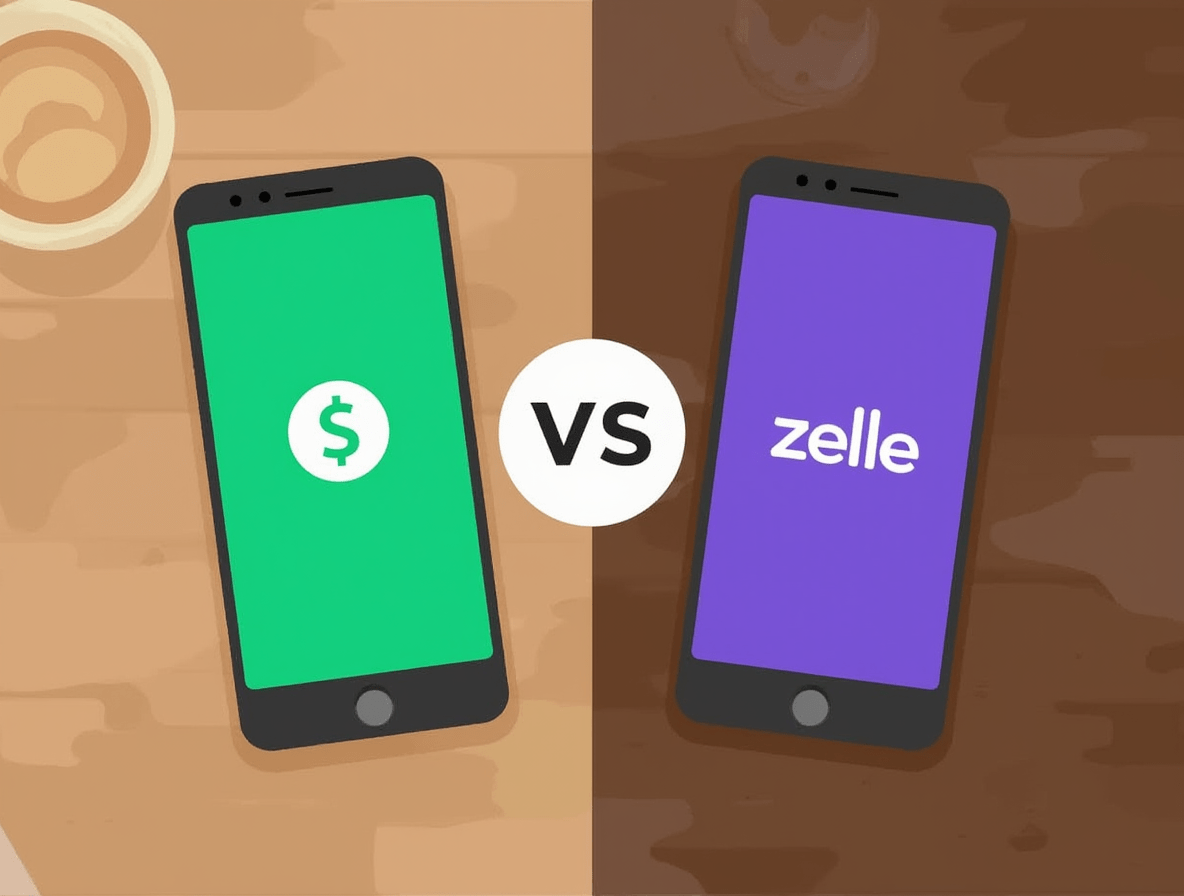 Realistic comparison of Cash App and Zelle apps side by side on phones, showing “VS” between them.