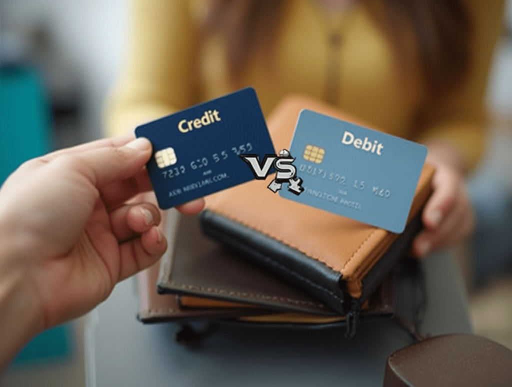 Person holding a credit card and debit card above a wallet with shopping items nearby.