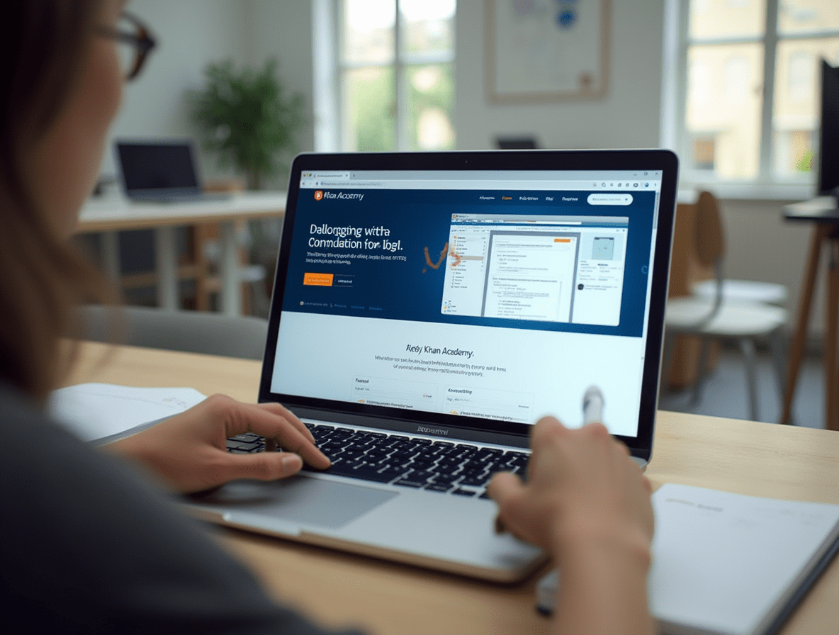 Laptop displaying Khan Academy and Udacity platforms side by side with a student studying.