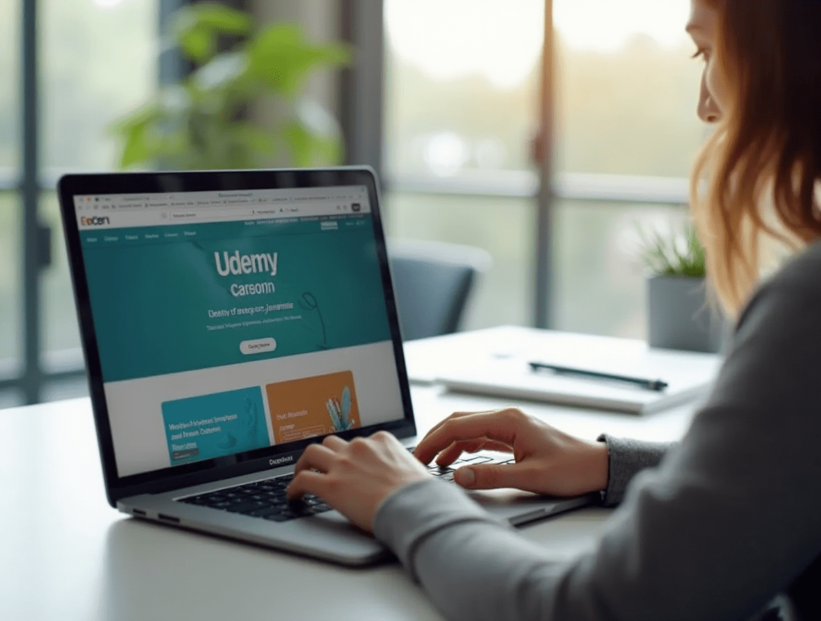 Laptop displaying Udemy and Coursera websites side by side, with a person studying at a desk.
