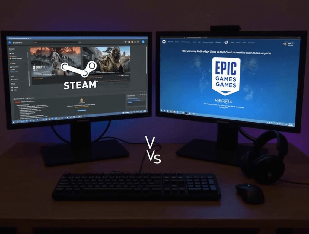 Steam and Epic Games Store open on dual monitors in a modern gaming setup with accessories.
