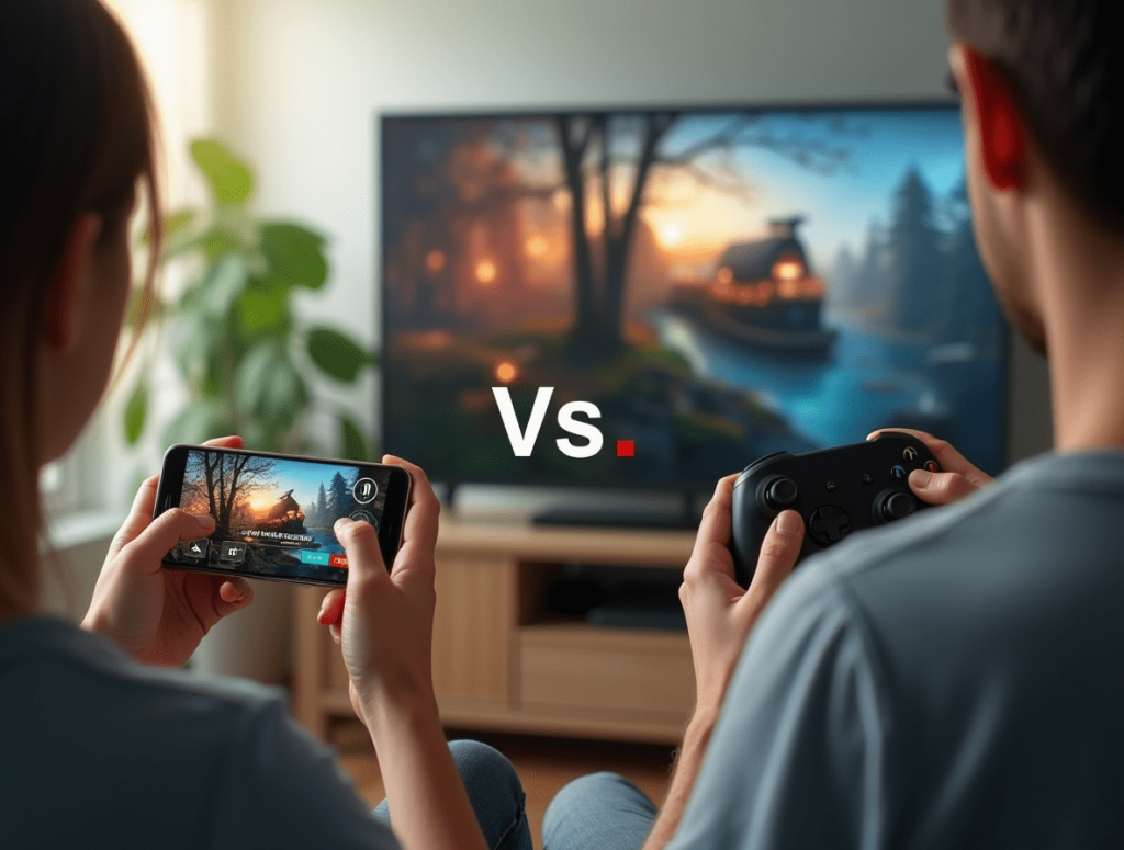 Side-by-side comparison of a person gaming on a smartphone and another playing on a console with a controller.