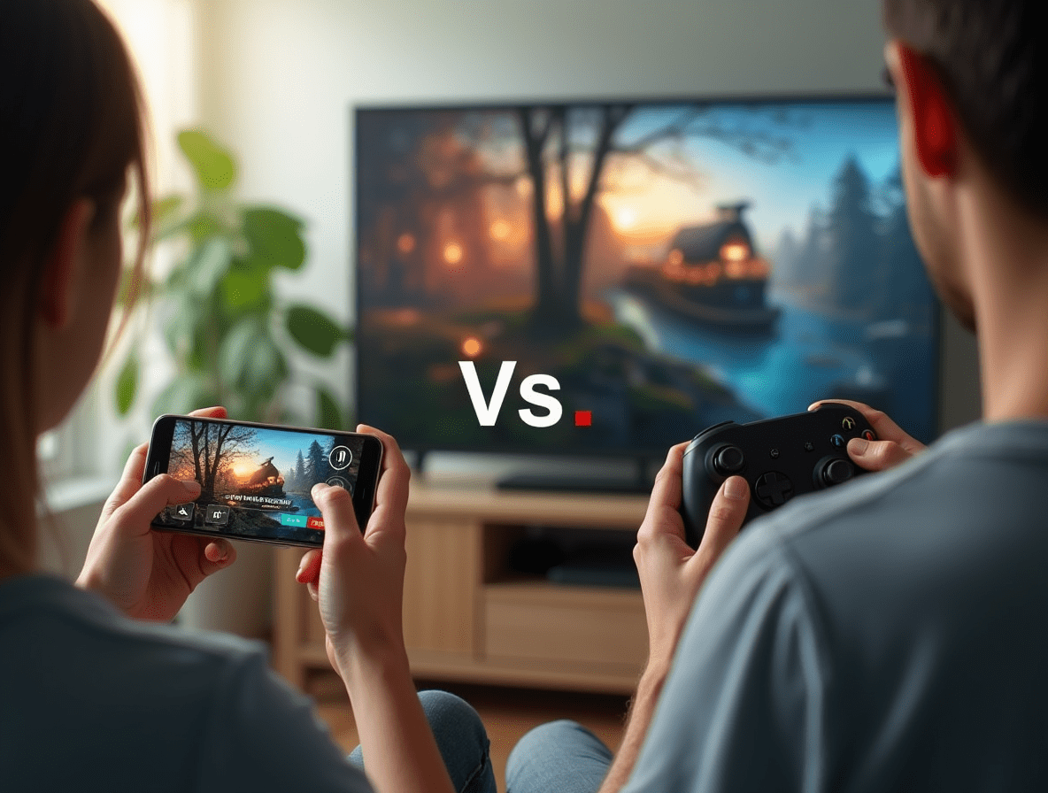 Side-by-side comparison of a person gaming on a smartphone and another playing on a console with a controller.