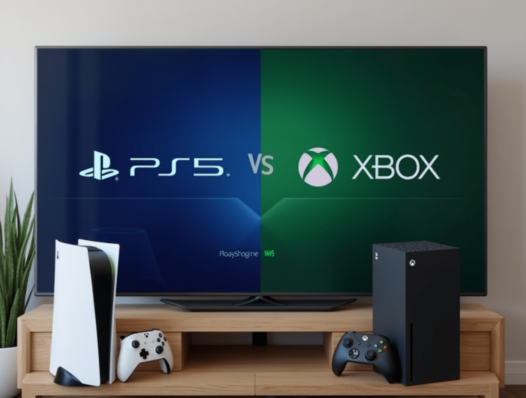 PlayStation 5 and Xbox Series X consoles side by side with controllers and TV screen in the background showing game interfaces.