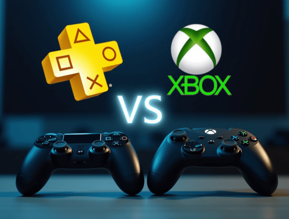 PlayStation and Xbox controllers with logos for PlayStation Plus and Xbox Game Pass, showcasing a subscription comparison.