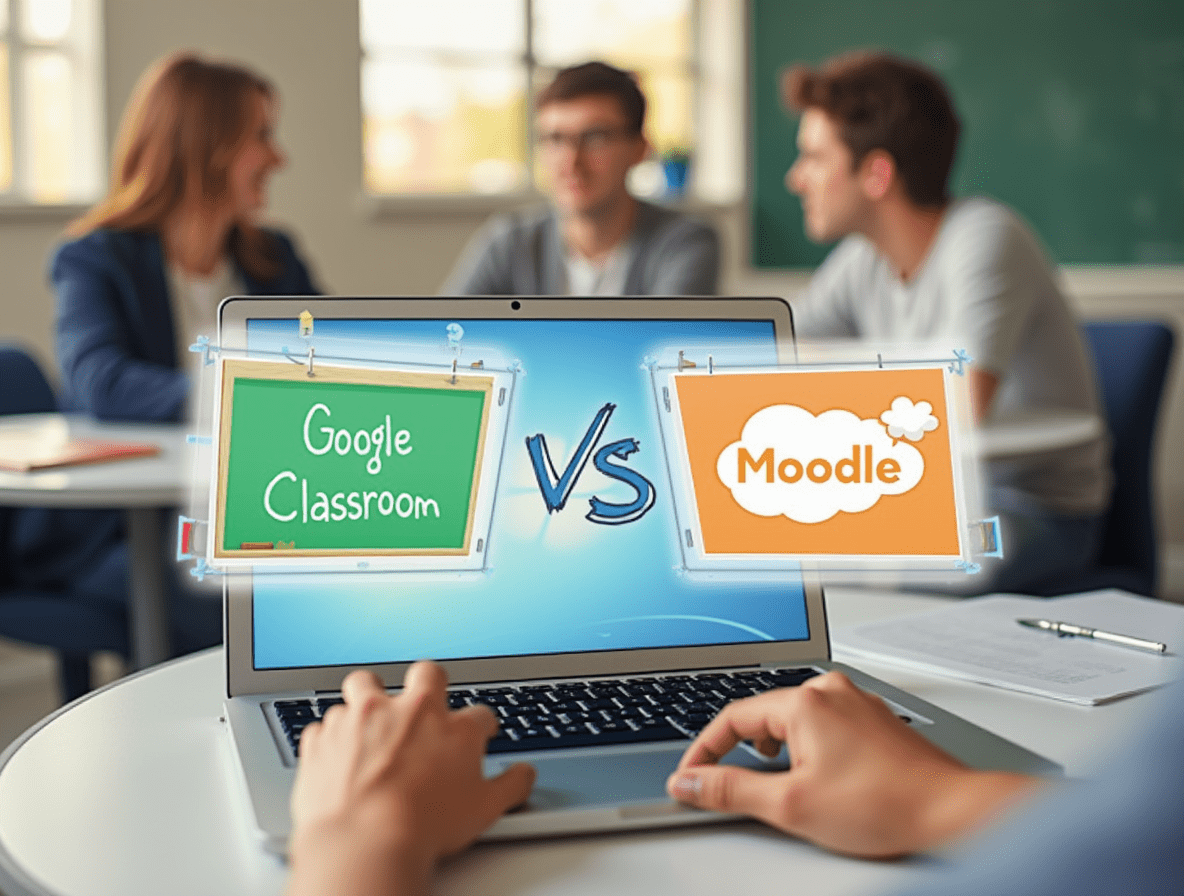 Laptop with split screen showing Google Classroom and Moodle, used in an online learning environment.