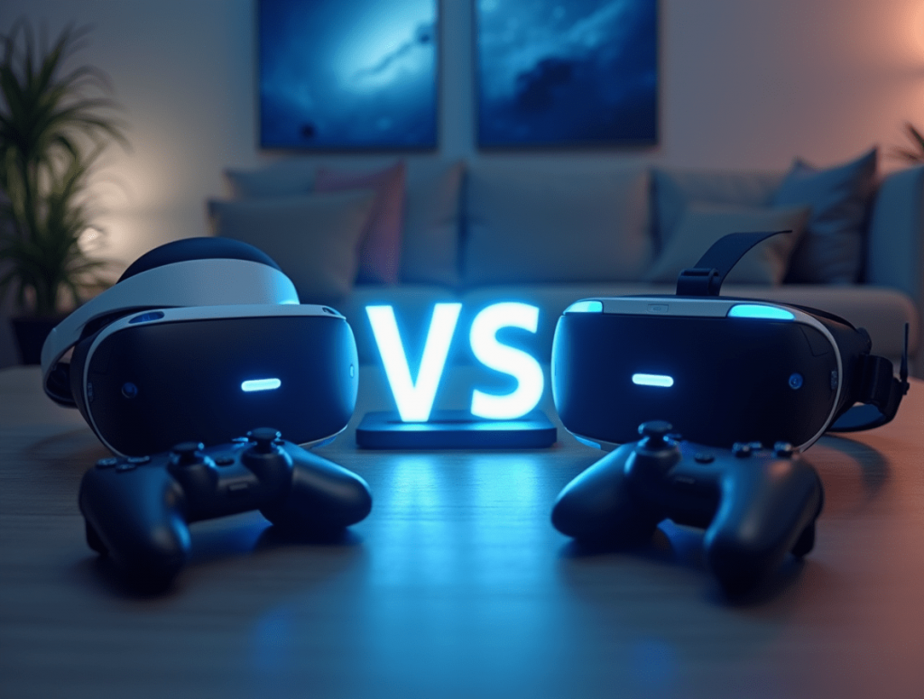 Oculus Quest and PlayStation VR headsets side by side with controllers, comparing features.