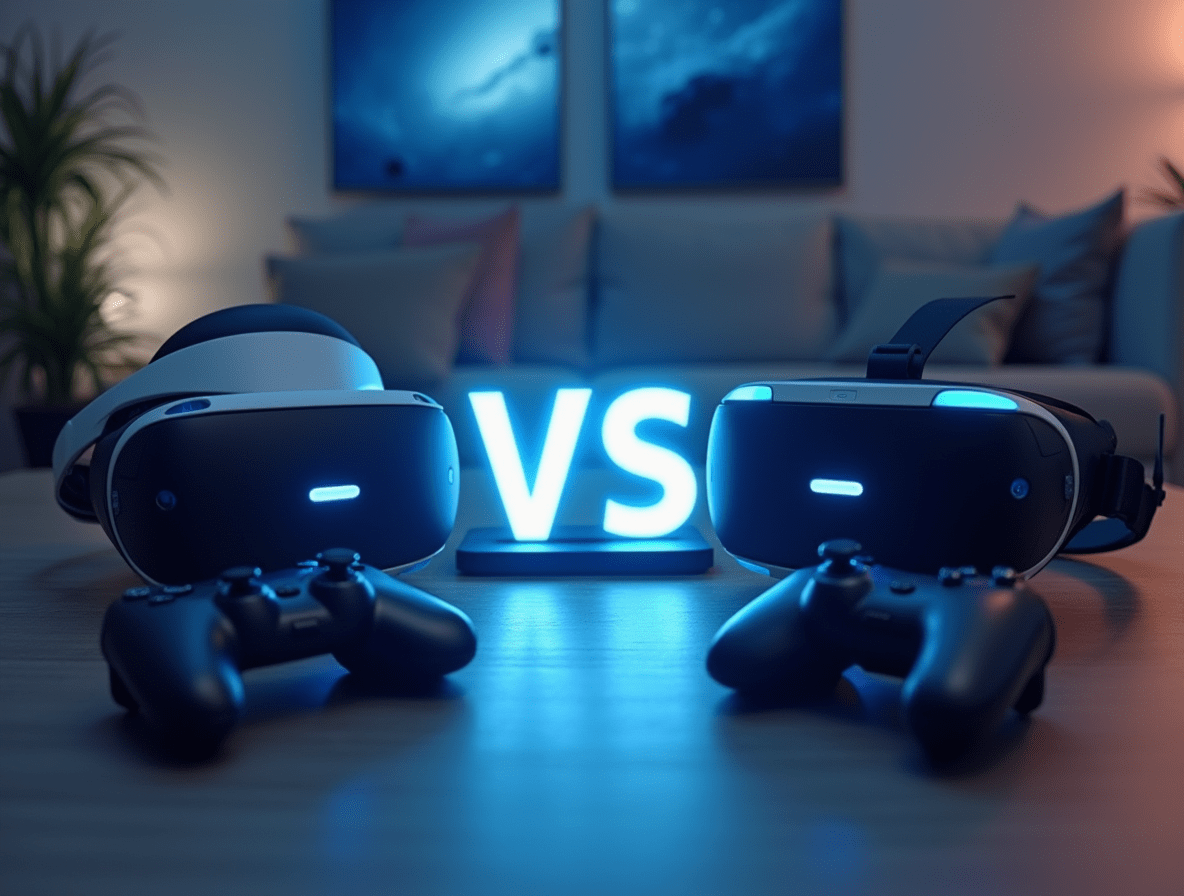Oculus Quest and PlayStation VR headsets side by side with controllers, comparing features.