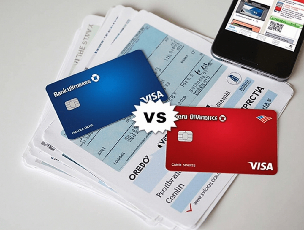 Chase and Bank of America cards with mobile apps and banking documents on a desk.
