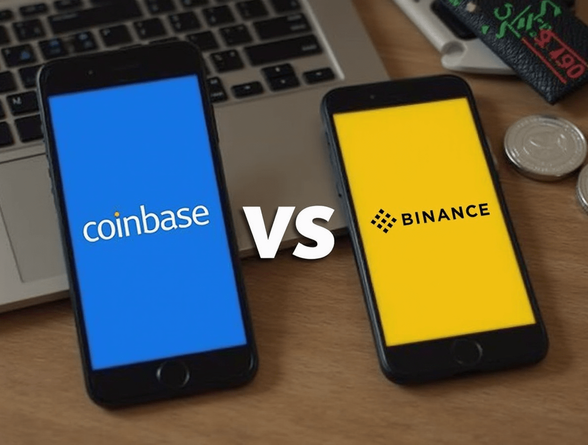 Coinbase vs Binance apps side by side on a desk with crypto trading tools in background.