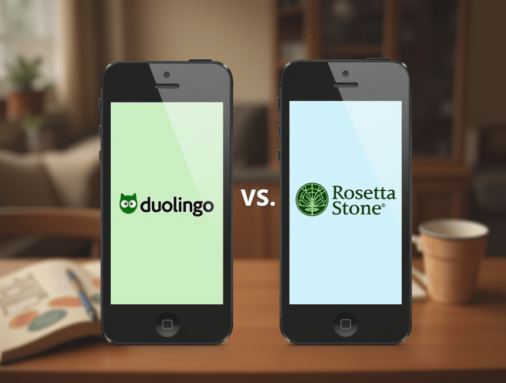 Smartphones showing Duolingo and Rosetta Stone apps side by side in a language-learning setting.
