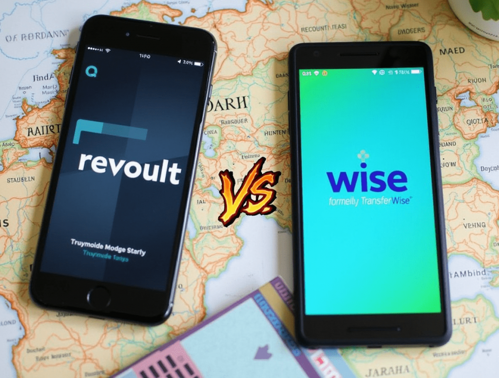 Revolut app and Wise app on smartphones placed on world map with foreign currency in background.
