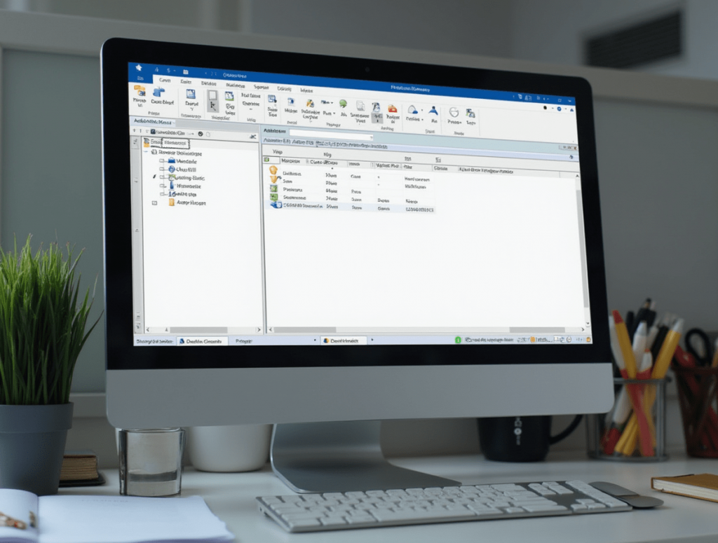 Computer showing Microsoft Access with open database forms in a business office environment.

