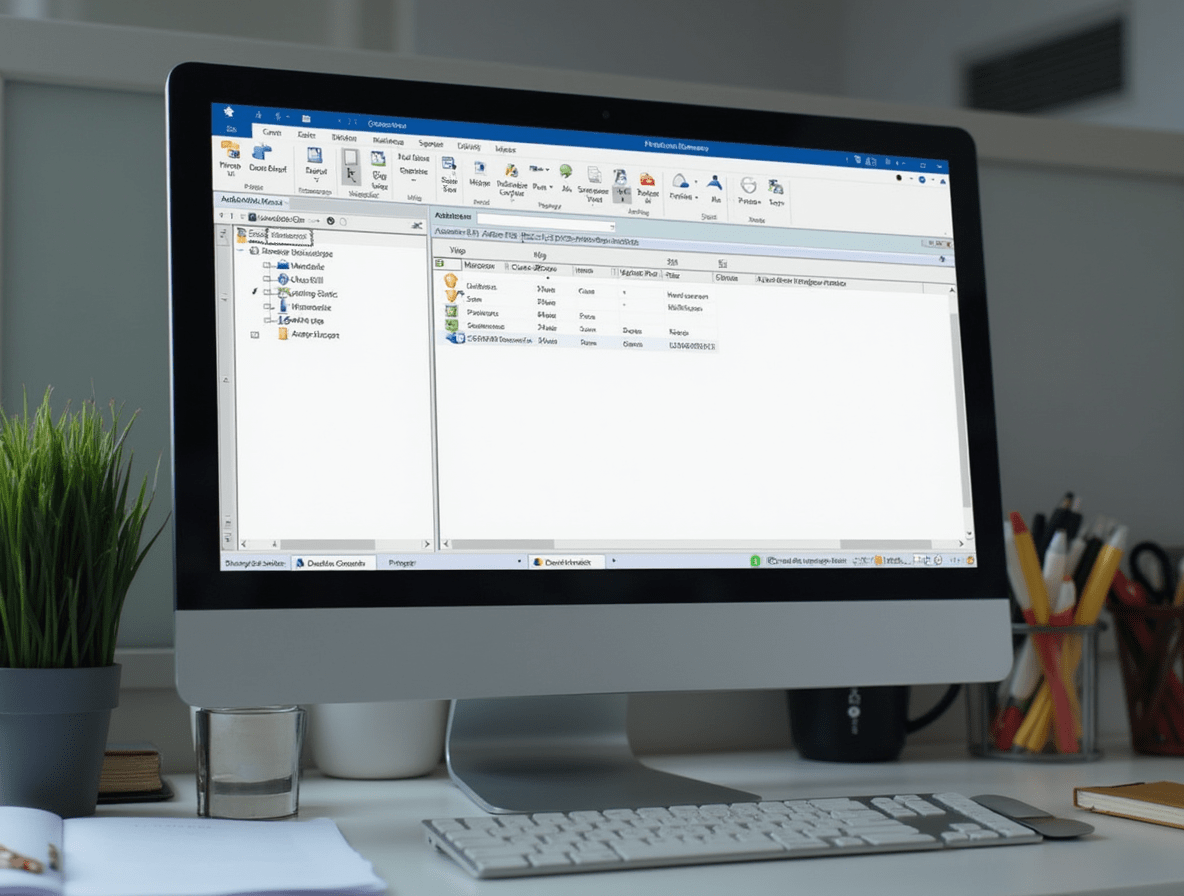 Computer showing Microsoft Access with open database forms in a business office environment.