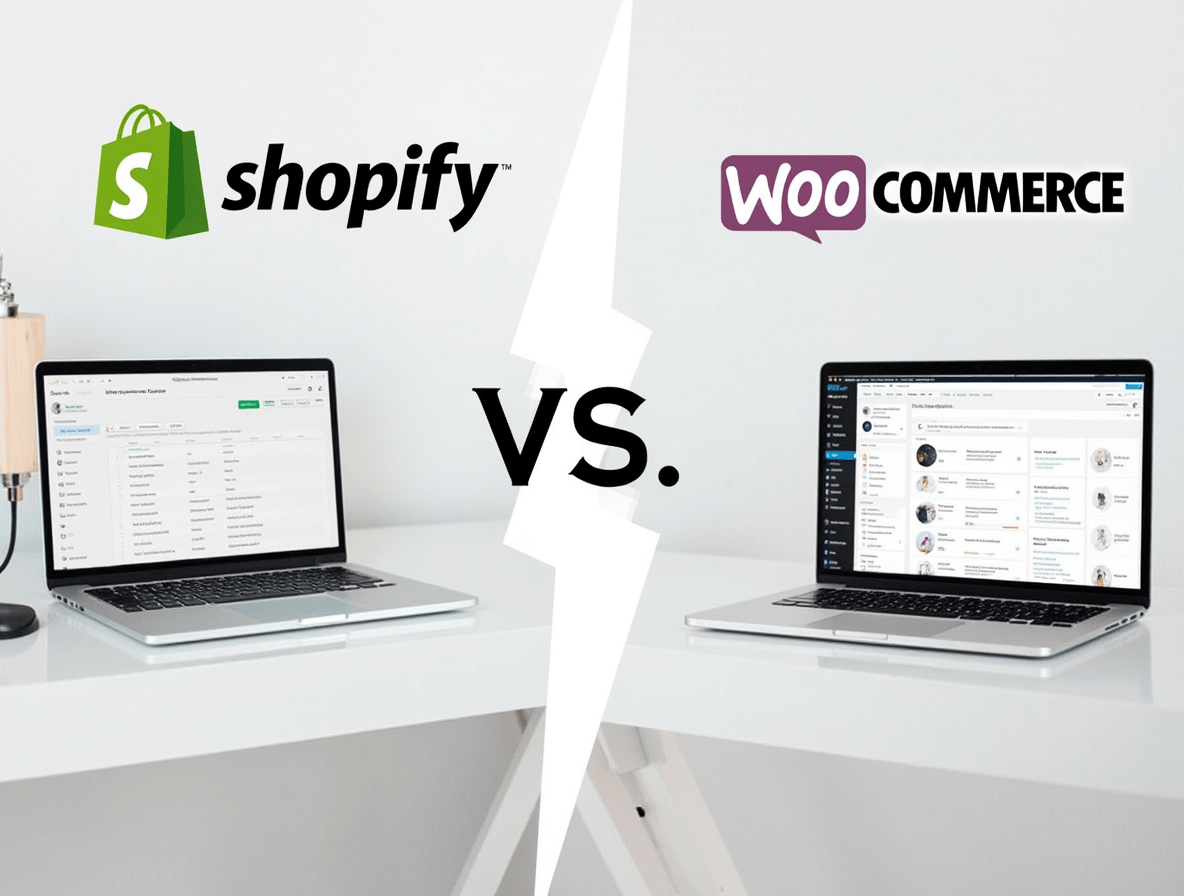 Two laptops side-by-side showing Shopify and WooCommerce dashboards, with a bold VS sign between them.