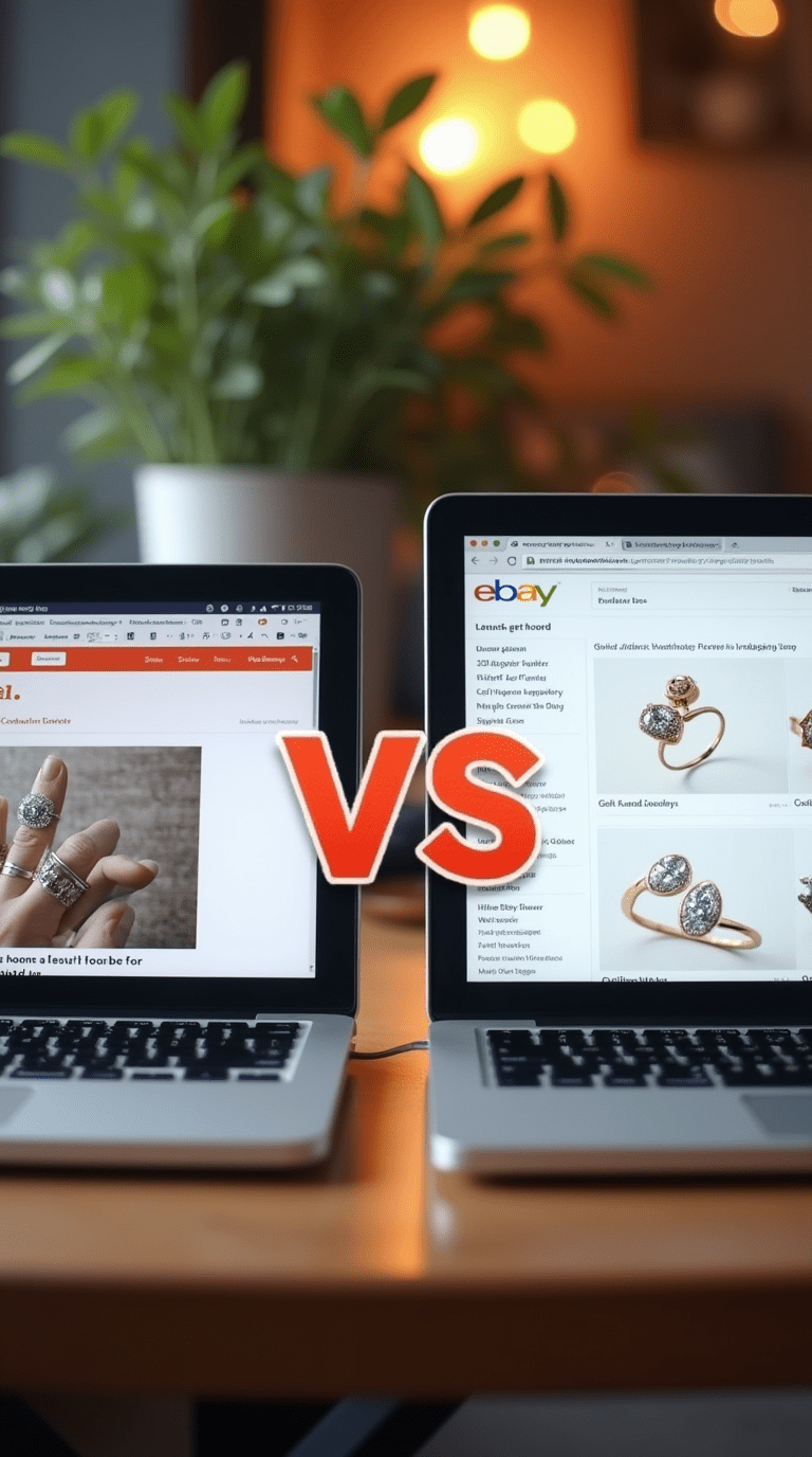 Two laptops showing Etsy and eBay platforms side-by-side, with a bold VS symbol for comparison.