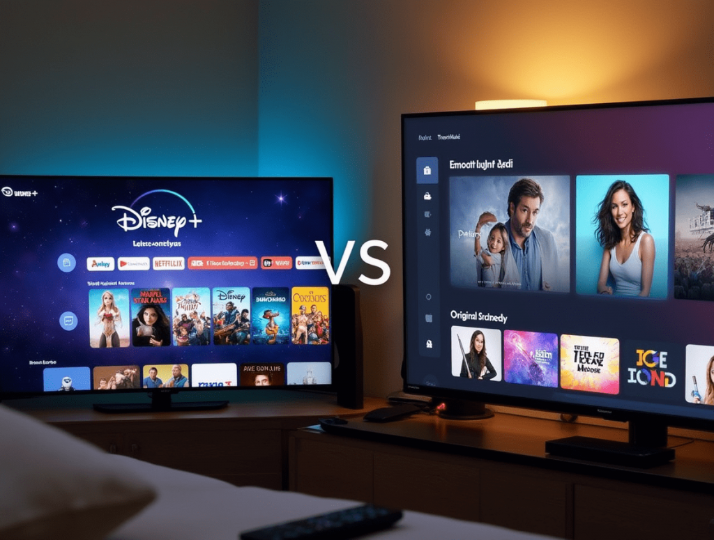 Disney+ and Apple TV+ interfaces side by side on smart TVs in a living room, with a VS sign in between.