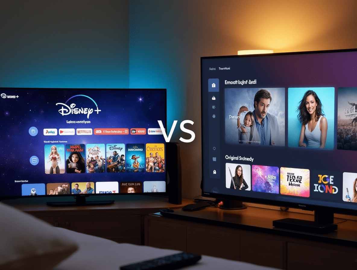 Disney+ and Apple TV+ interfaces side by side on smart TVs in a living room, with a VS sign in between.