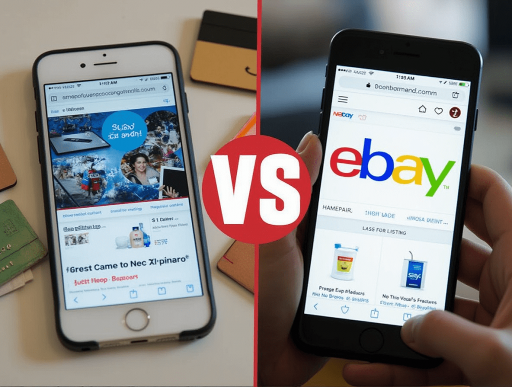 Amazon and eBay websites open side by side on devices, highlighting a comparison between the two online shopping platforms.
