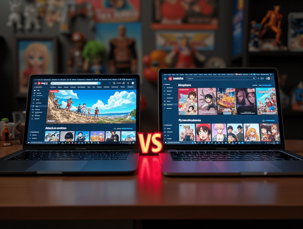 Crunchyroll and Funimation streaming platforms side by side on screens, with anime thumbnails and a bold “VS” graphic.