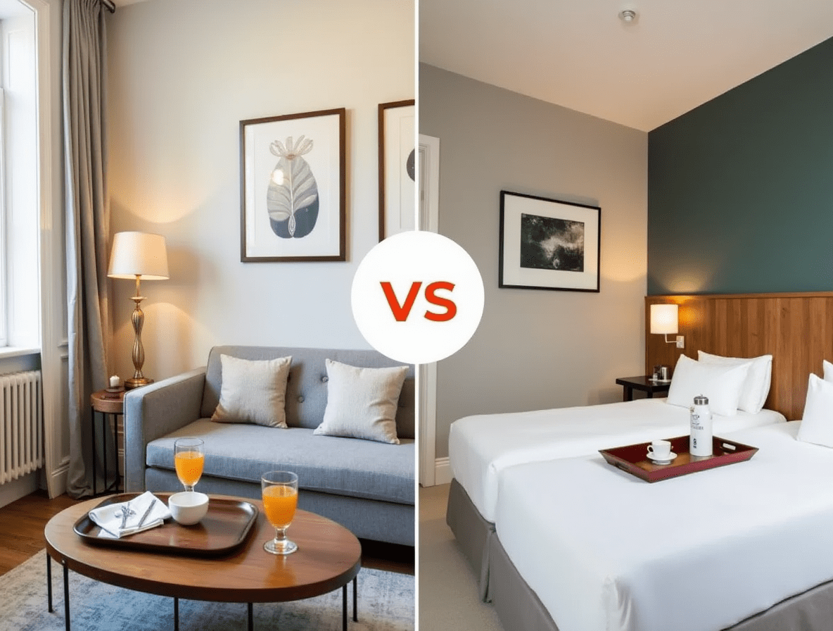 Airbnb apartment vs hotel room split view with “VS” sign highlighting the travel stay comparison.