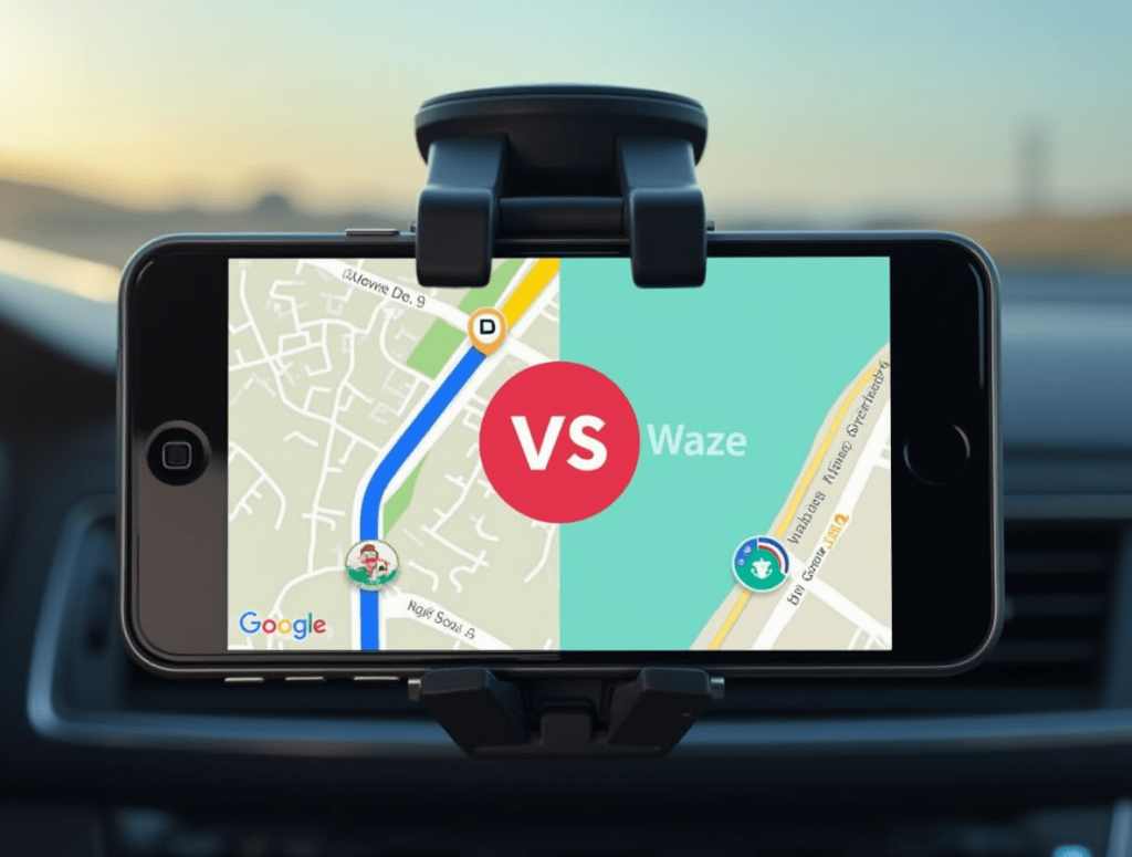 Smartphone in car displaying Google Maps and Waze navigation apps side by side with a VS symbol.