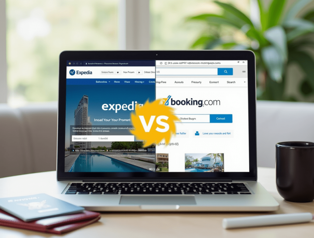 Laptop showing Expedia and Booking.com side by side with travel items and a VS icon to highlight the comparison.