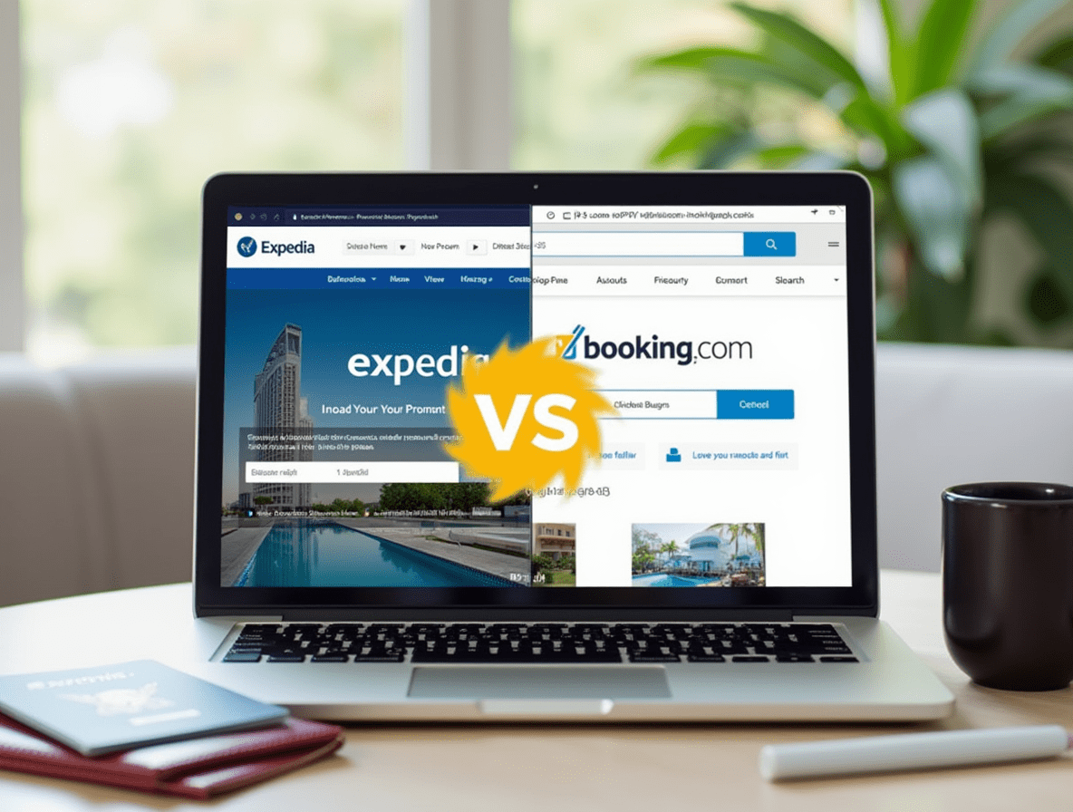 Laptop showing Expedia and Booking.com side by side with travel items and a VS icon to highlight the comparison.