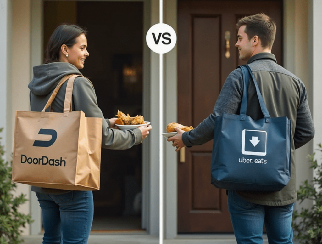 A DoorDash and Uber Eats delivery driver handing over food orders, side-by-side comparison.