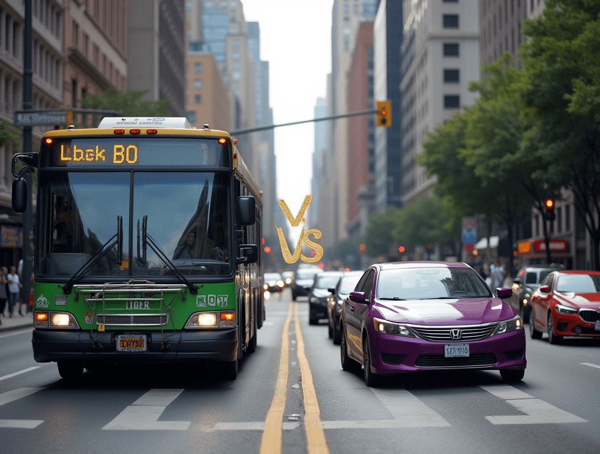 A public bus and a ride-sharing car facing each other on a city street, representing a convenience comparison.