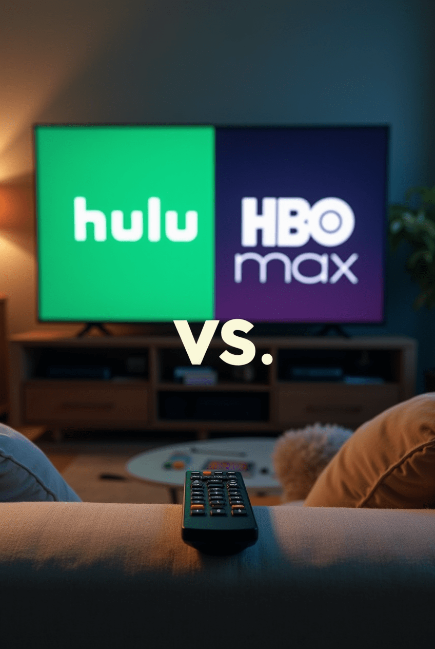 A comparison image featuring Hulu and HBO Max logos with a ‘vs’ symbol. The TV screen in the background displays popular shows from both platforms, set in a cozy living room to represent the streaming competition.