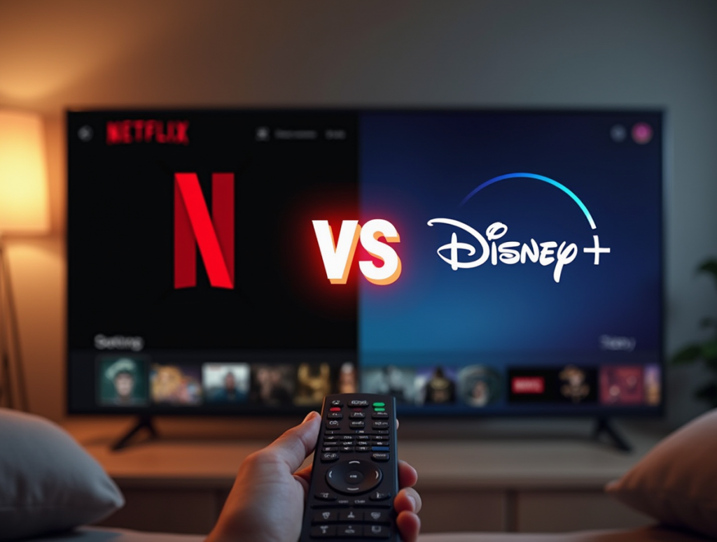 A side-by-side comparison of Netflix and Disney+ with their logos and a ‘vs’ sign in the center. The background features a TV screen displaying both streaming platforms' interfaces, emphasizing the competition in content variety.